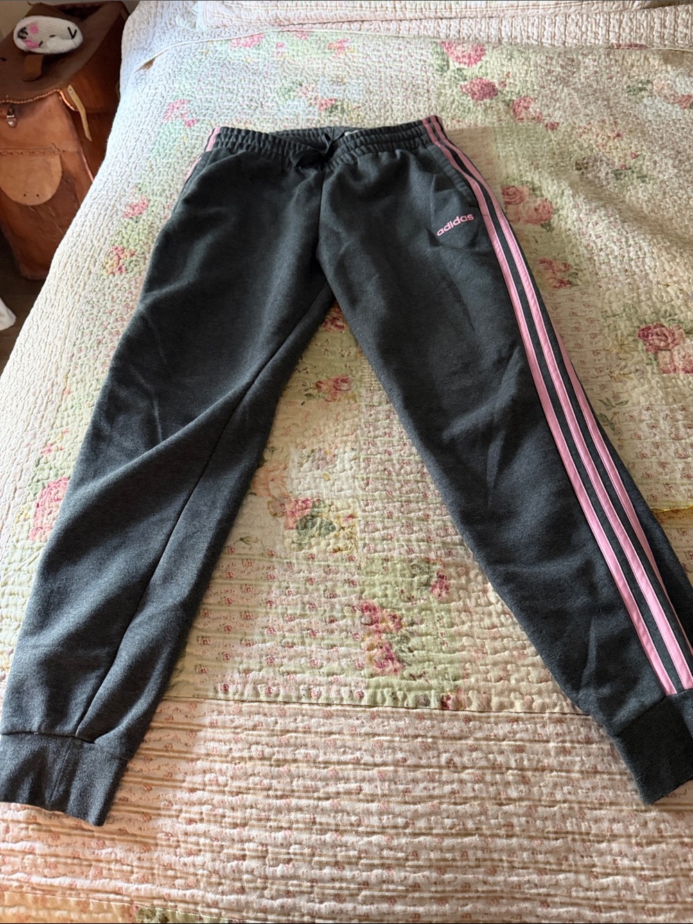 adidas Charcoal Sweatpants with Pink Stripes